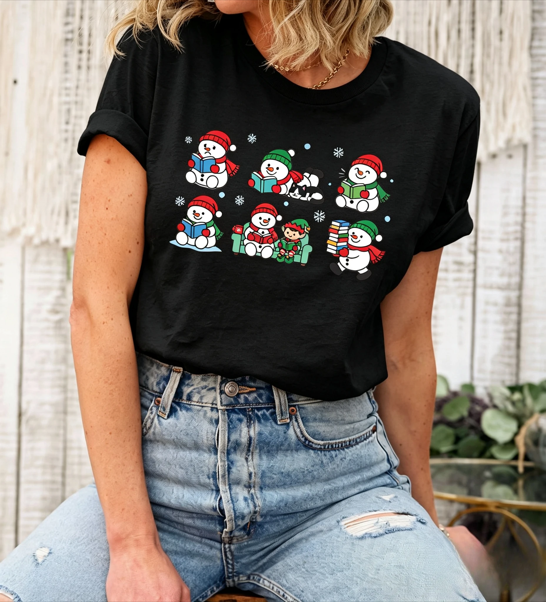 Women Christmas Snowman T Shirt Cute Cartoon Reading Books Elf Cat Print Short Sleeve Crew Neck Xmas Holiday Casual Daily Wear