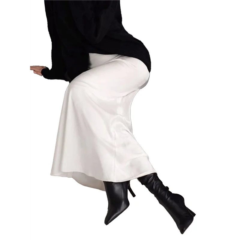 

【SEE】Women's Satin High Waisted Maxi Skirts Zip A Line Long Skirt