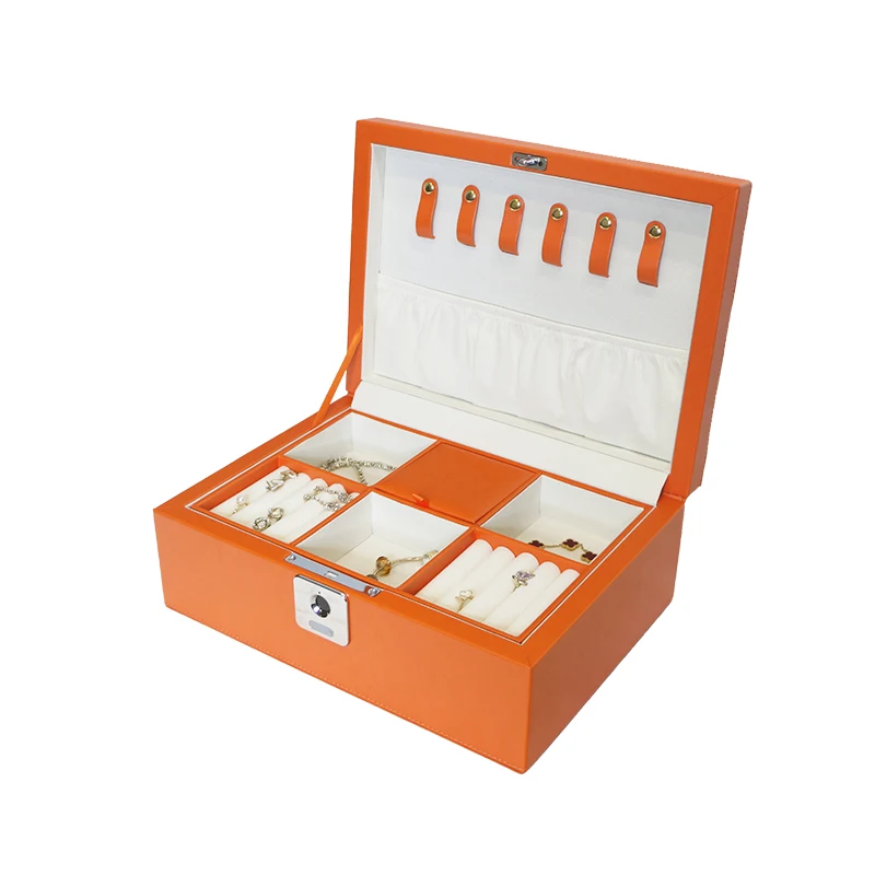 Luxury Jewelry Box with Fingerprint Lock Double Layer PU Leather Storage Organizer Soft Velvet Lining for Women