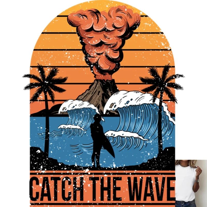 Vintage Surf Volcano Print Heat - Transfer White Ink Iron - on Patch, Suitable for T - Shirts/Canvas Bags/Clothes, Casual