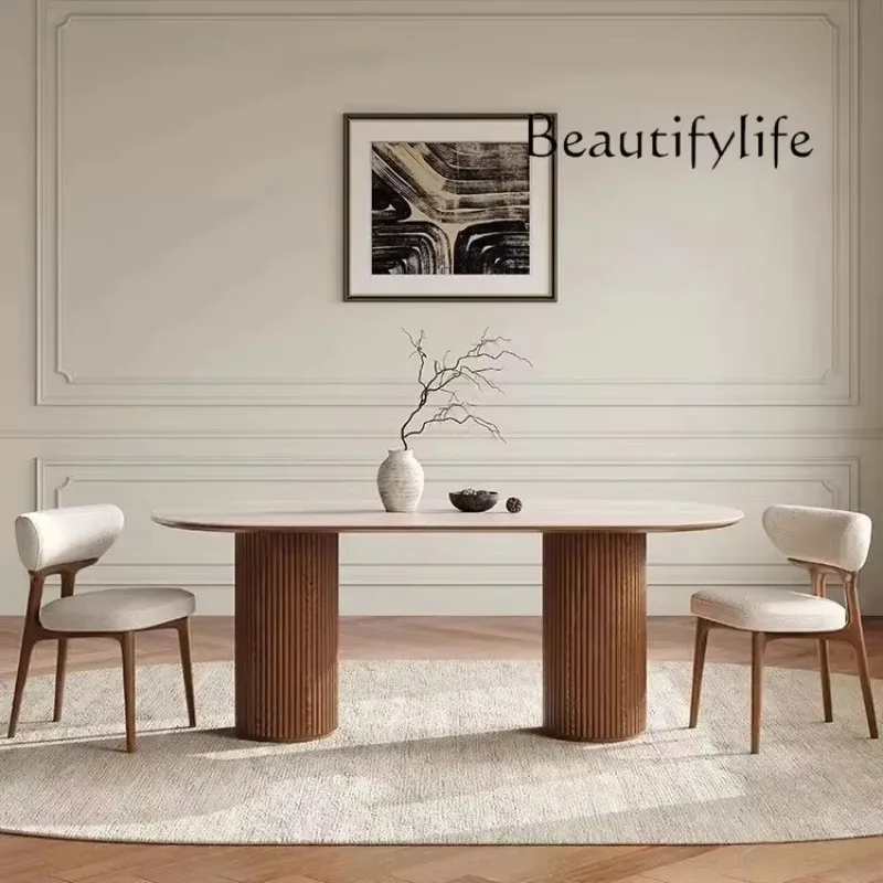 

BJ BJ French Retro Solid Wood Dining Table And Chairs Travertine Rock Slab Small Apartment Walnut Oval Designer Dining Table