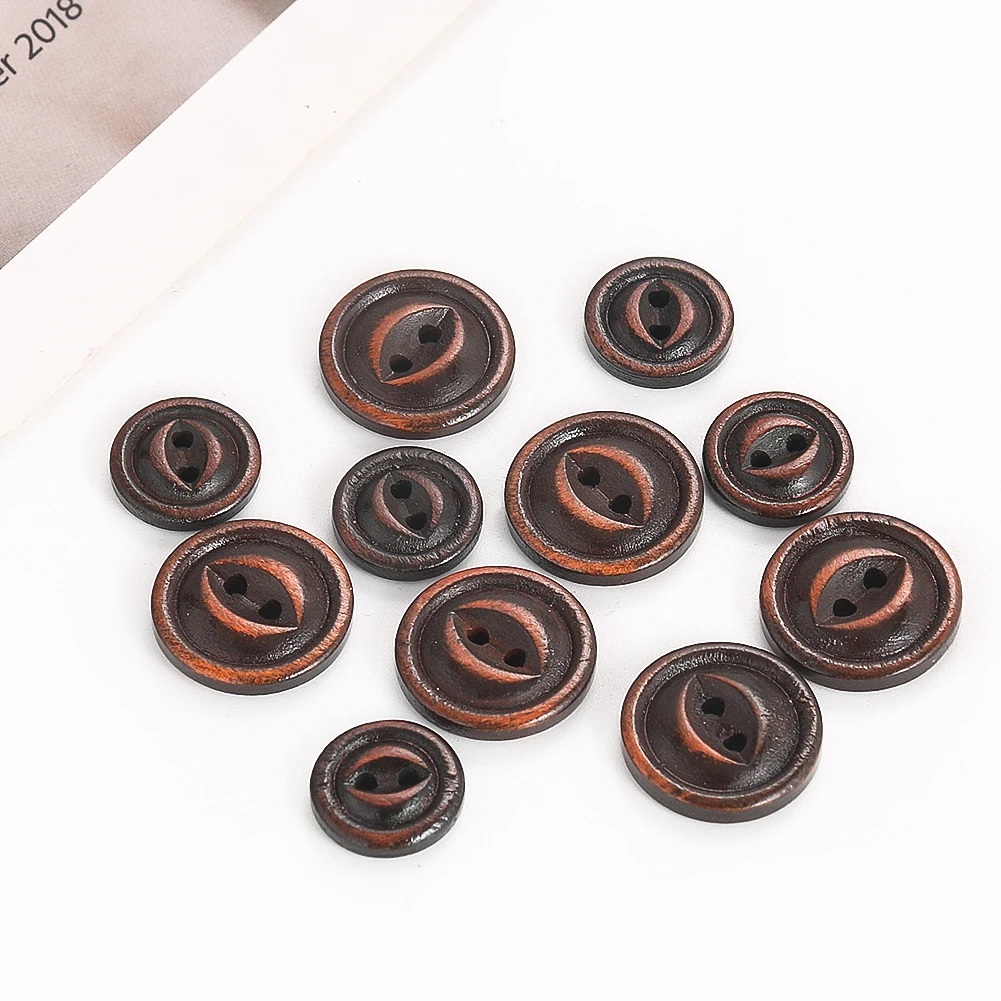 10PC Vintage Brown Laser Fisheye Round 2-holes Flatback Natural Wood Button DIY Knitwear Shirt Cufflink Garment Sewing Accessory