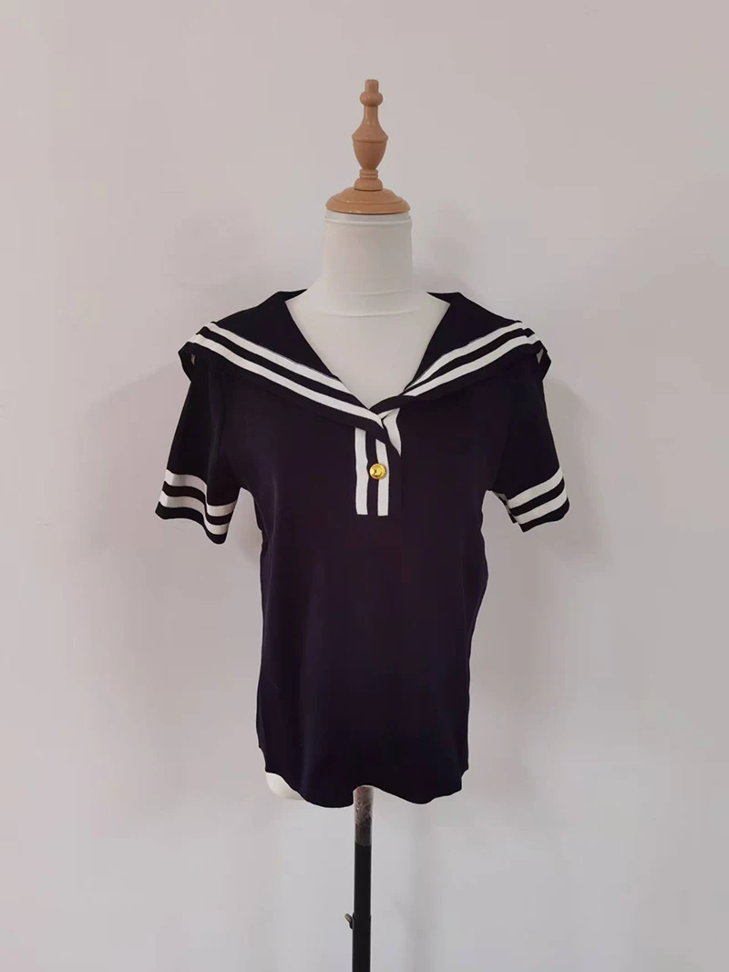 المعتاد بحار طوق قصيرة الأكمام رقيقة محبوك تي شيرت المرأة ضئيلة المرقعة كبيرة Sizebase قميص الصيف الإناث شيك الأزرق #4