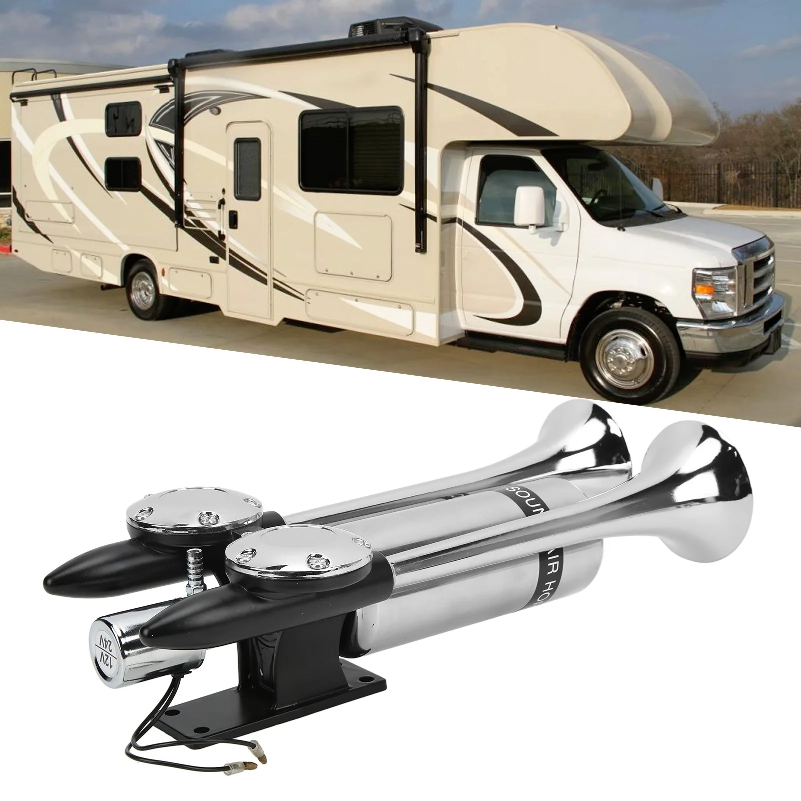 

300DB Car Air Horn Zinc Alloy Chrome Plating Double Tube Loudspeaker for Train Ship SUV RV Truck Motorcycle DC 12V/24V Car Horn