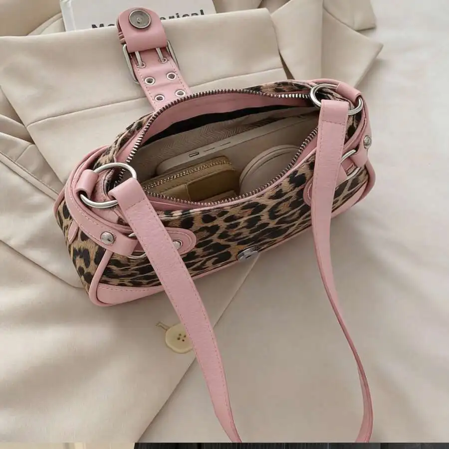 

Leopard Print Pink Shoulder Bag For Women Vintage Crescent Underarm Handbag