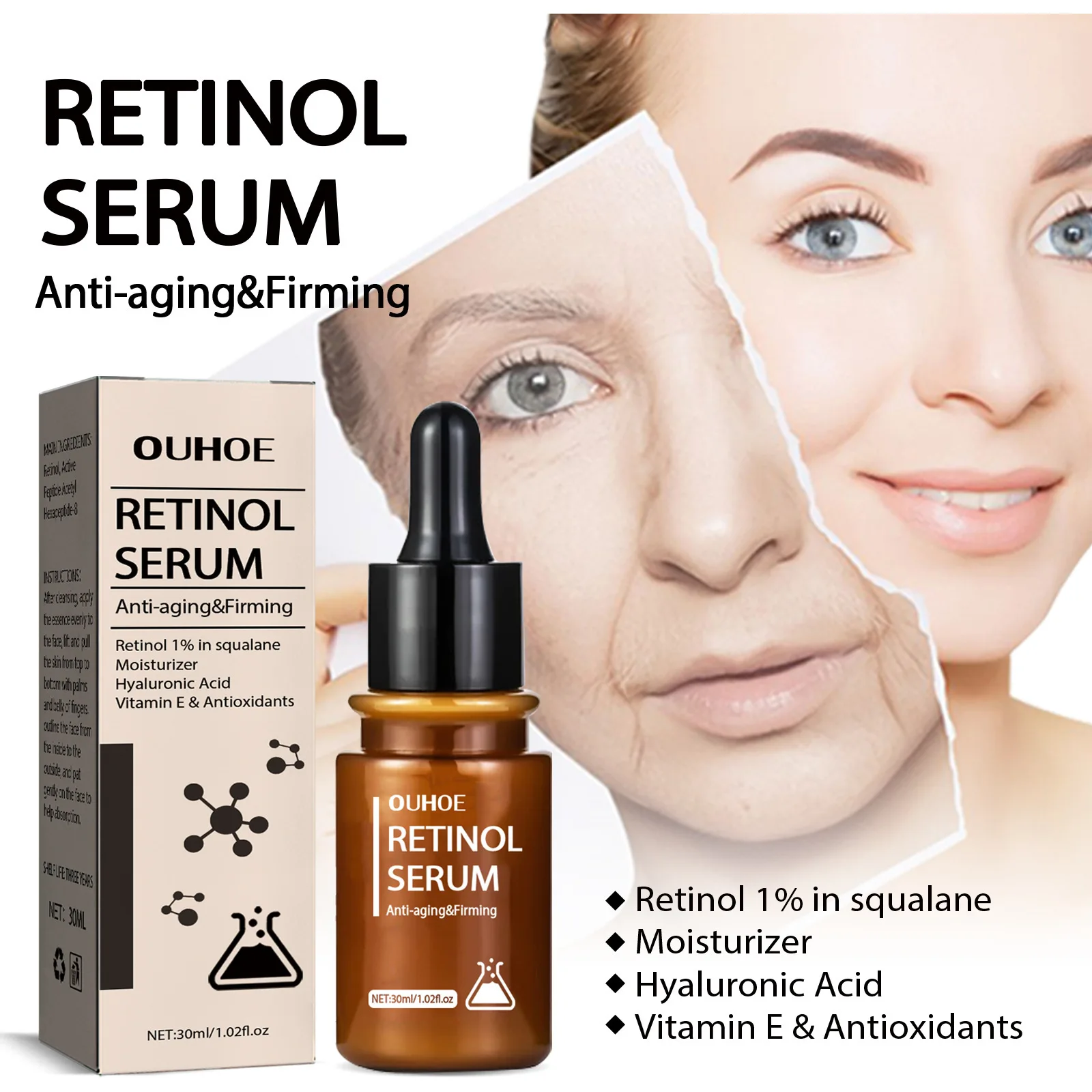 Ouhoe Retinol Skin Essence Fade Dry Lines around Eyes Fine Lines Anti-Dull Hydrating and Skin Rejuvenating Anti-Wrinkle Essence