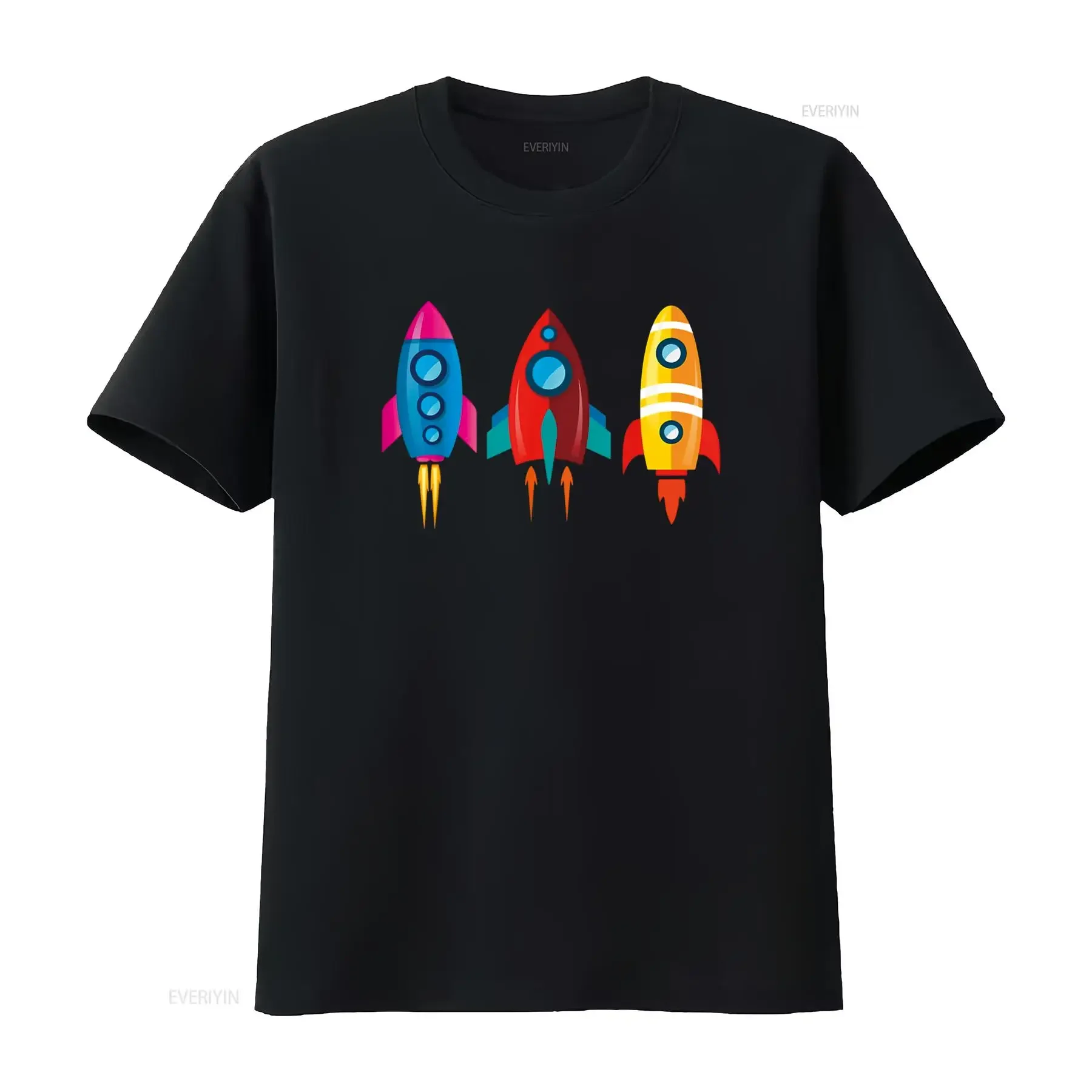 Camiseta colorida de astronauta de barcos de cohetes, gráfico estirado lavado vintage, ropa de diseñador informal versátil, transpirable y elegante