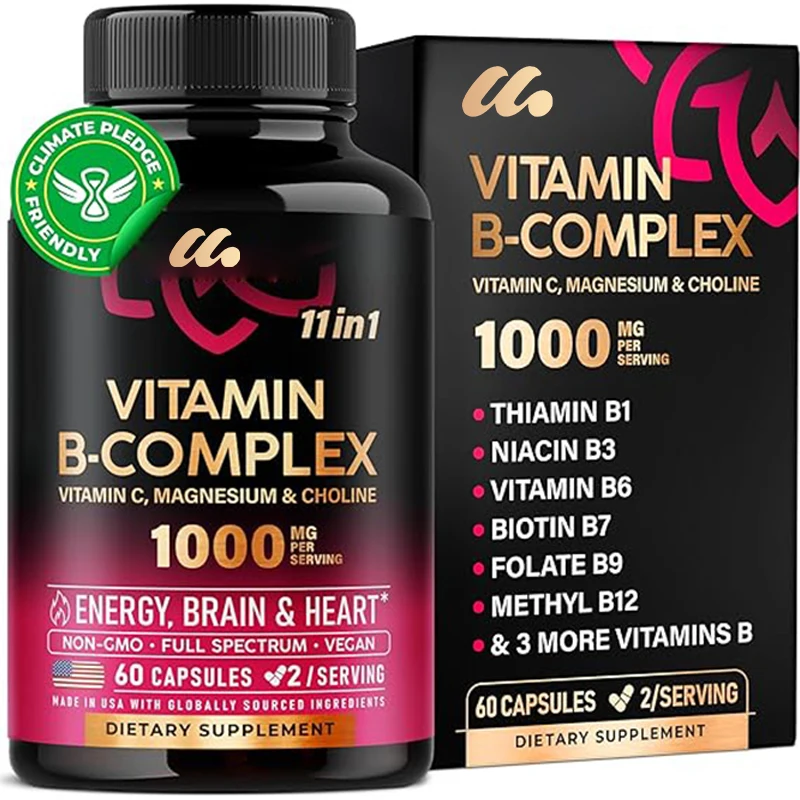 Complejo de vitamina B para hombre y mujer, dispositivo 11 en 1, contiene vitamina C, Colina, Inositol, 60 elementos, cápsulas para vegetales