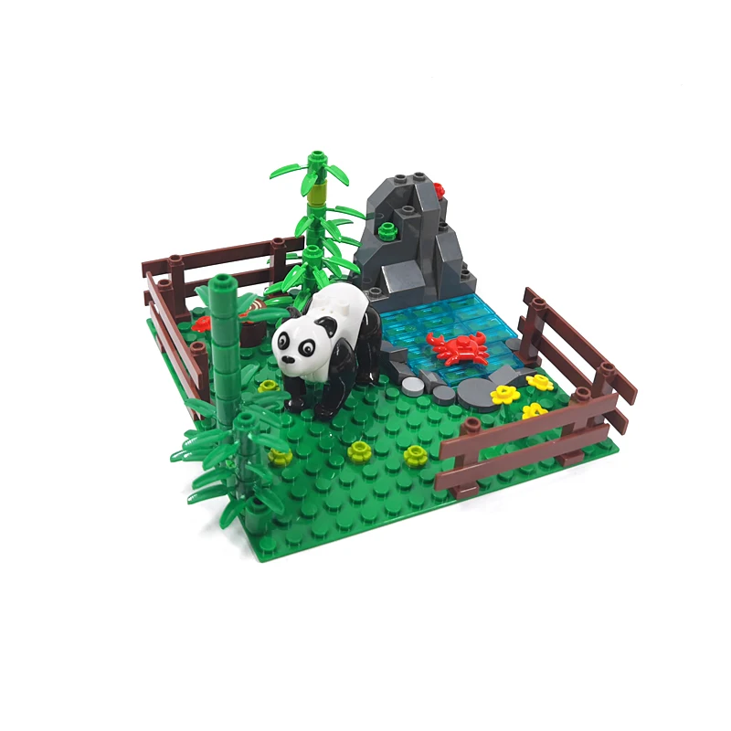 MOC Model Animals Pasture Combination Rural Scenery Zoo Building Blocks Bricks DIY Part Giraffe Panda Ornament Toys for Children