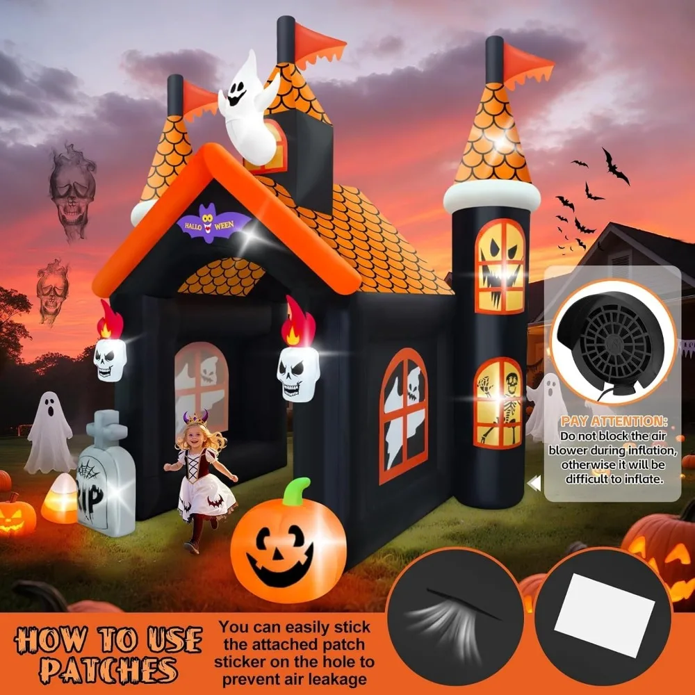 Gran arco inflable de Halloween con luces LED - Túnel de calabaza fantasma de casa embrujada