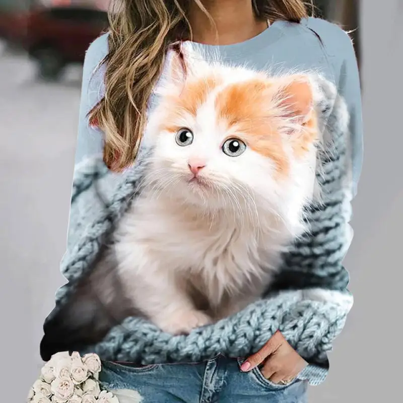 

Cute And Popular Foreign Trade 3d Digital Printing Realistic Cat Long Sleeved Hooded Fashionable Round Neck SweatshirtWA2