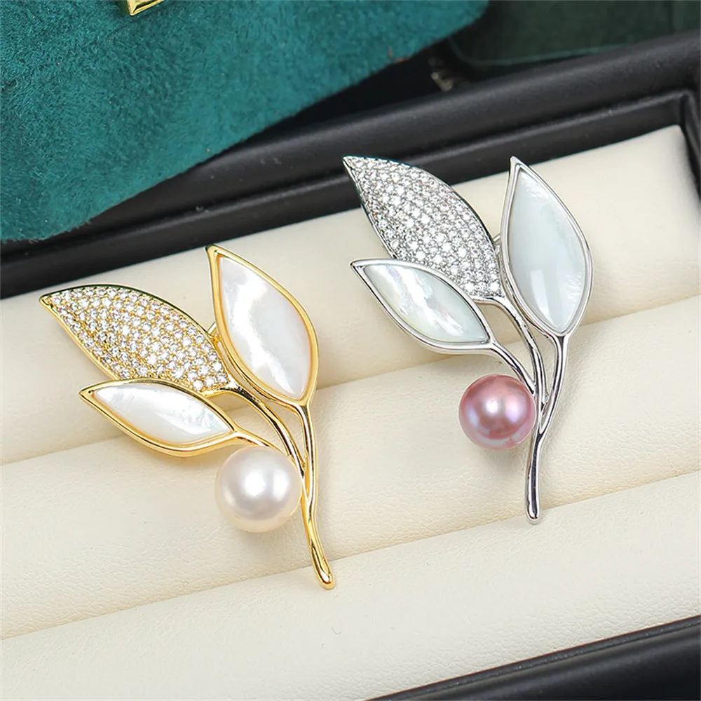 DIY Accessories Leaves Pearls Brooches Copper Plated Gold Inlaid White Butterfly Shell Accessories Empty Tray Corsage Accessoriy