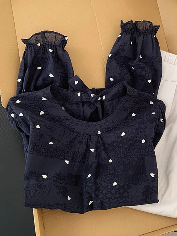 

Корейские плиссированные топы с рюшами и рукавами, свободные топы в форме сердца с принтом и длинными рукавами, весенне-осенний универсальный пуловер для поездок на работу