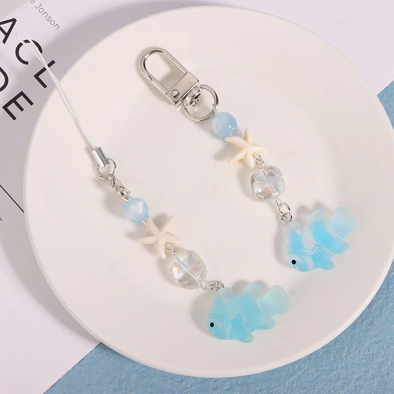 سحر سمك البحر الأزرق ونجمة البحر الهاتف قلادة ، اليدوية فتاة حلوة سلسلة المفاتيح ، حبة لطيف للحقيبة ، كاميرا معلقة ، Y2K