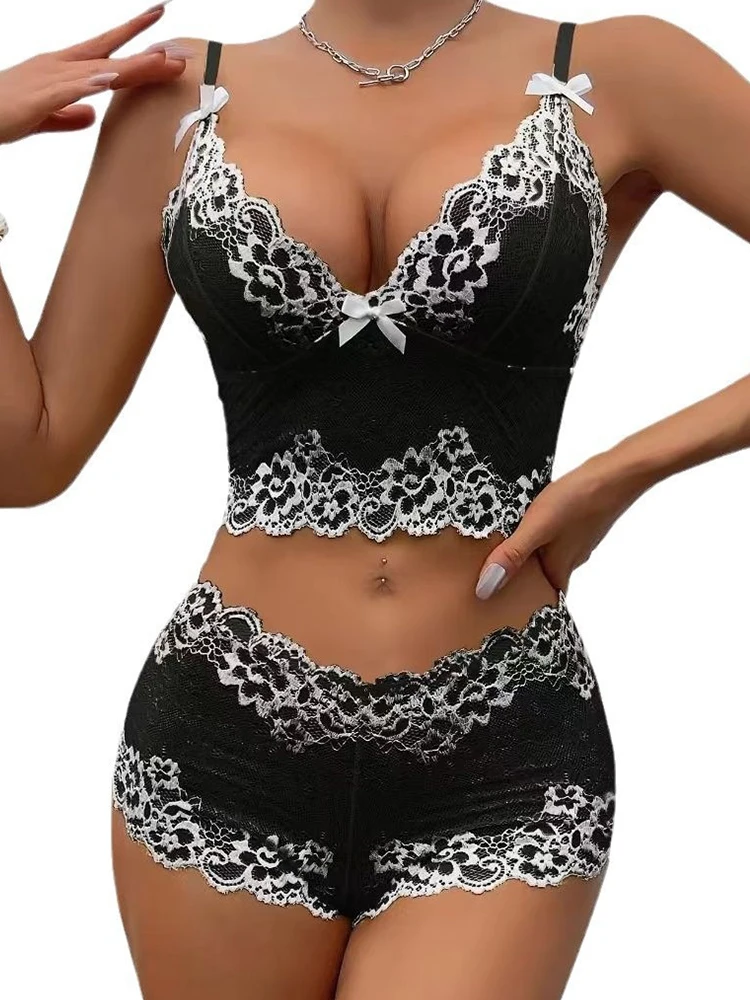 

Sexy Sleepwear Women Lace Deep V-Neck Nightgown Split Hem Soft Lingerie Night Dress Sleeveless Female Clothes Bra And Briefs Set