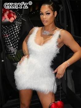 Abito da donna autunno piuma nuova moda notte clubwear abito da donna senza maniche senza schienale aderente mini abiti da sera per feste autunnali