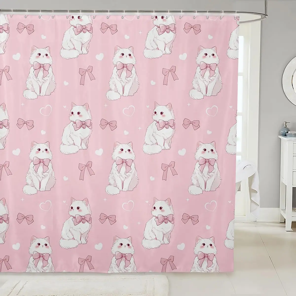 

Kawaii Cat Shower Curtains,Cute Pets Animal Bathroom Curtain Girls Boys Teens Adult Room Decor,Pink Bowknot Heart Waterproof