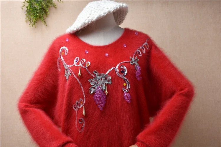 Female Women Fashion Grapes Embroidery Hairy Angora Rabbit Hair Knitted Long Batwing Sleeves O-Neck Loose Pullover Sweater Pull