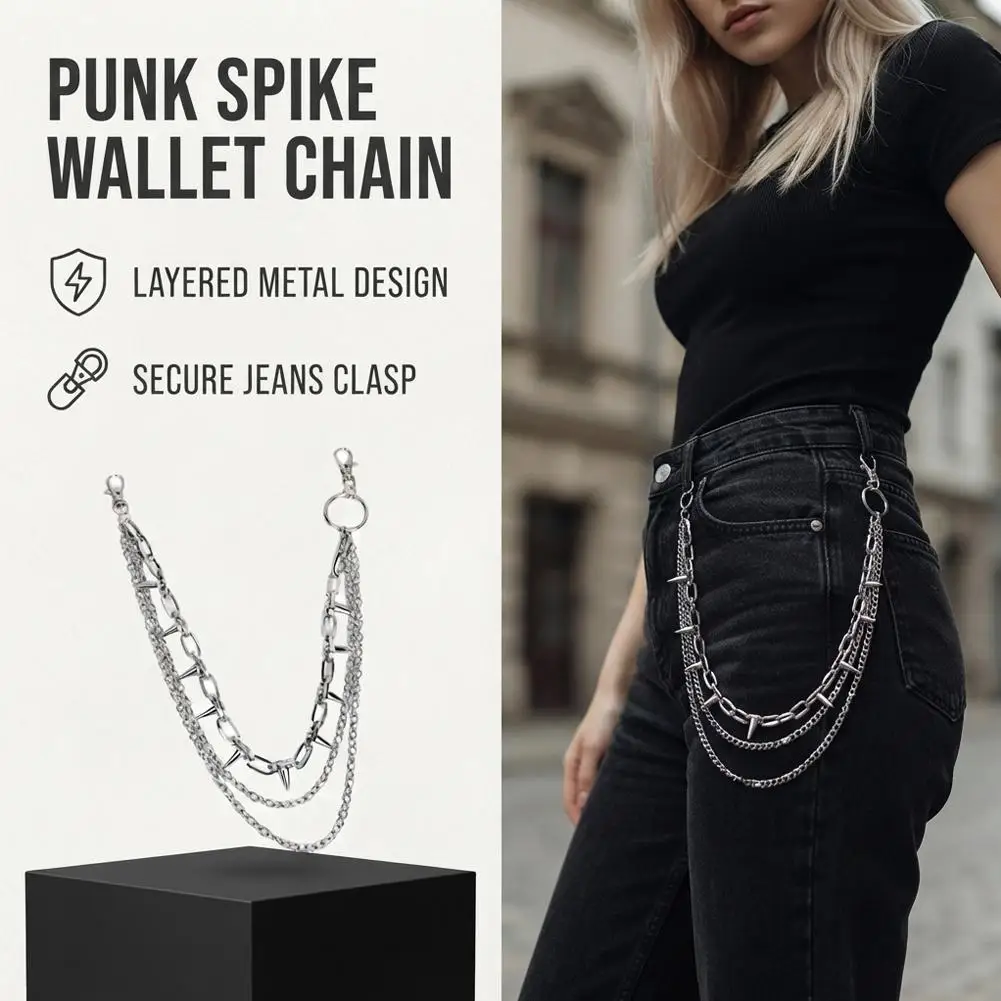 Spiked Punk Pants Chain Triple Layer Wallet Chain Metal Belt Chain Gothic Jean Chain with Dual Lobster Clasps Hip Hop Wear