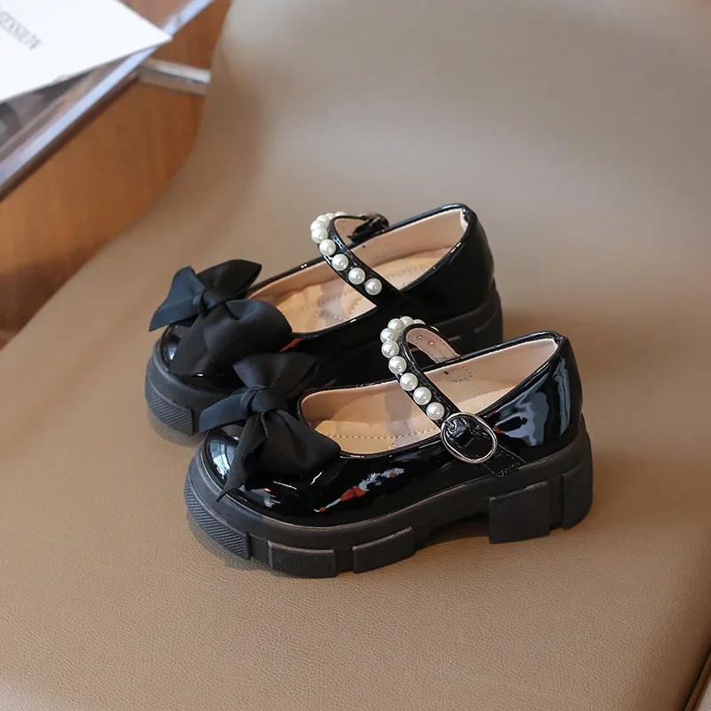 

Single Shoes Children Spring Summer Thickened Leather Shoes Girls Soft Sole Pearl Bow Princess Shoes Girls Round Toe Velcro
