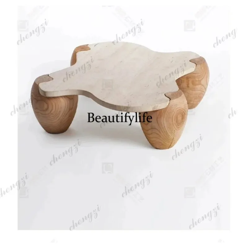 K153 Ivory white travertine Nordic natural tea table solid wood base simple villa senior design living room
