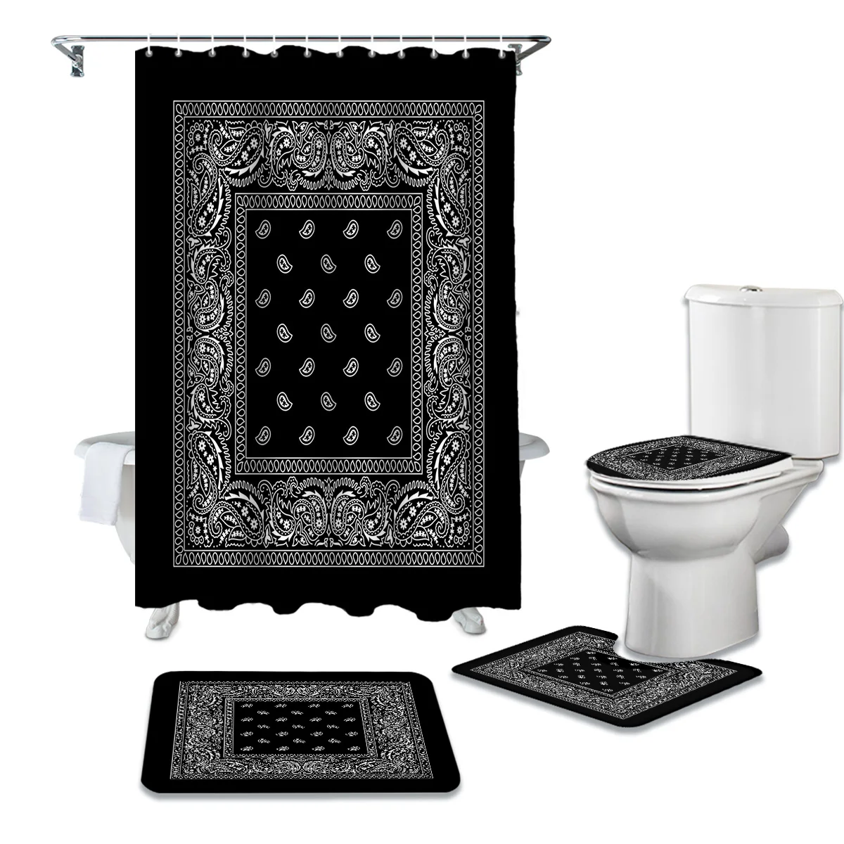 Bathroom Shower Curtain and Rug Sets Bandana Pattern Toilet Lid Cover Bath Mat Waterproof Shower Curtains Set