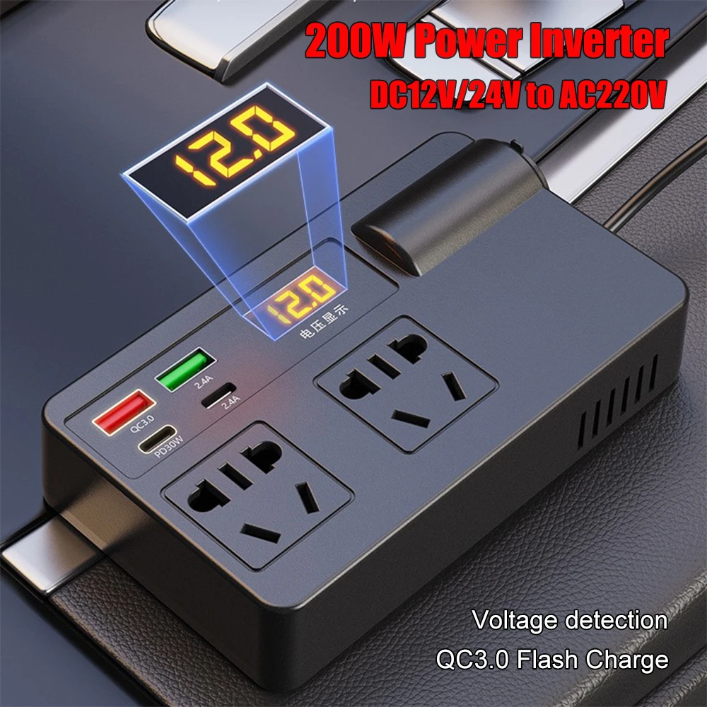 Car Inverter Power Adapter 200W DC 12V/24V to AC 220V Converter QC 3.0 USB/PD/Type-C Chargers Voltage Detection ON/OFF Switch