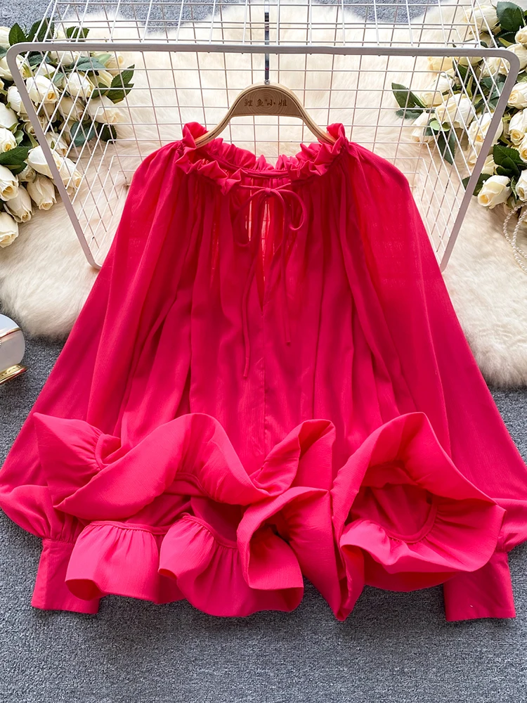 

Women's Rose Red Shirts and Blouses Y2k Aesthetic Vintage Korean 2000s Office Ladies Long Sleeve Chiffon Shirt Fashion Clothes