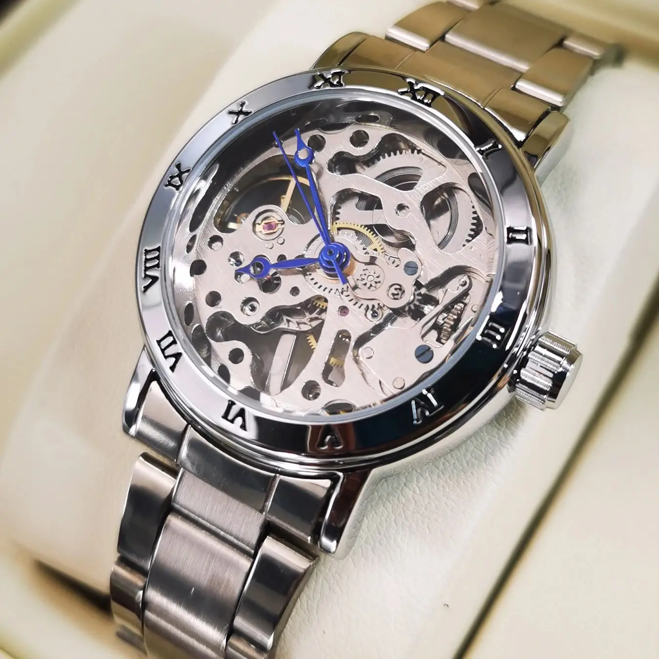 

Элегантные женские часы WINNER Fashion с синими стрелками, ремешок из нержавеющей стали, роскошные деловые механические часы для женщин