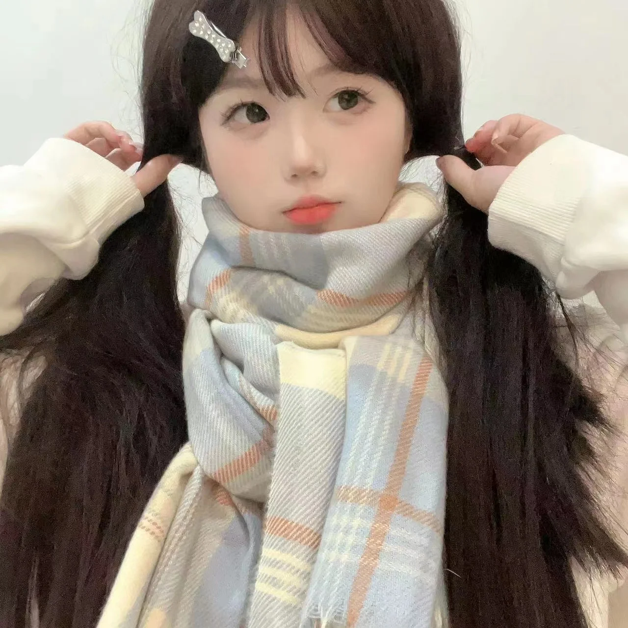 レディースチェック柄スカーフ-暖かい-学生向け-可愛いスタイル-秋冬新作-多用途-高級感-jk新デザイン-ポリエステル繊維