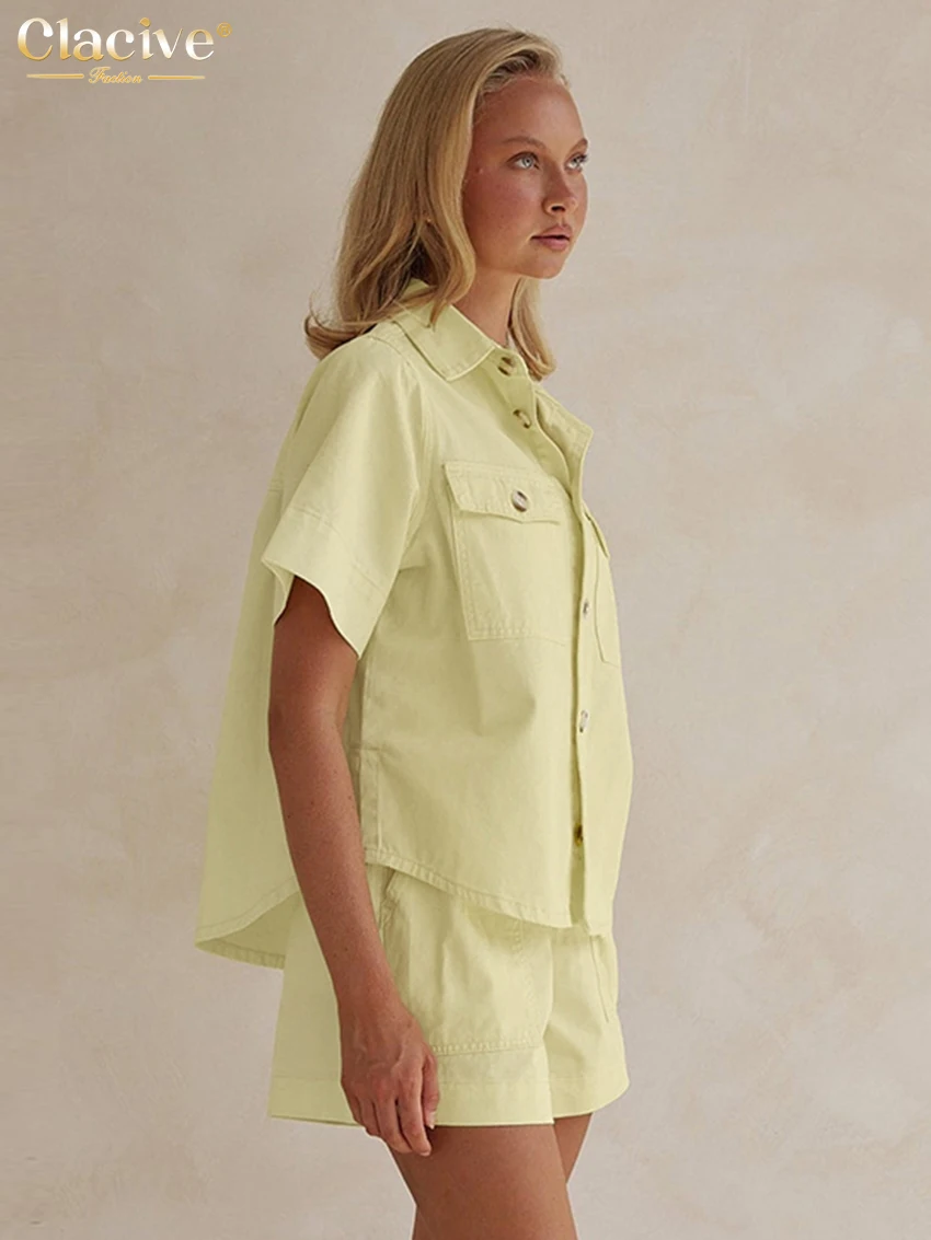 

Clacive Summer Loose Yellow Cotton 2 Piece Sets Woman Outfit 2025 Fashion Short Sleeve Shirt With High Waist Shorts Set Female