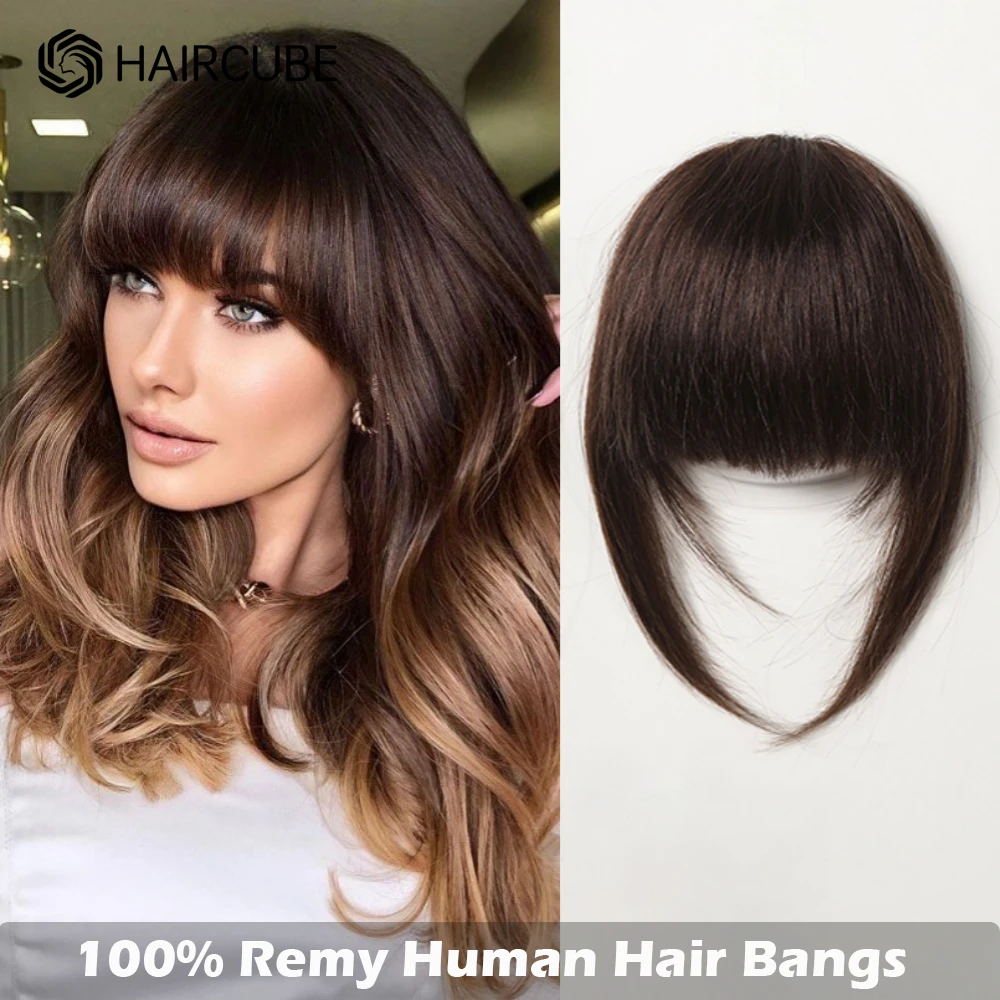 Hair Clip in Bangs 100% Human Hair Extention Natural Dark Brown French Bang Flat Neat Fake Thick Hairpieces Bang for Women Daily