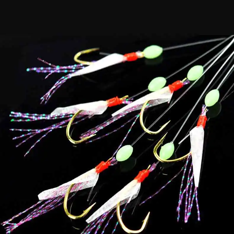 6 Hooks Sabiki Rigs Saltwater Fishing Lures Bait Rigs Real Fish Skin String Hook Mackerel Glow in The Dark Flash Sabiki Rigs