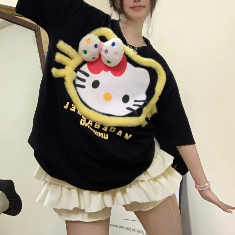 Kaus lengan pendek Sanrio Hello Kitty baru kaus lengan pendek warna hitam mode Y2k Atasan Wanita kaus estetika kartun lucu pakaian trendi