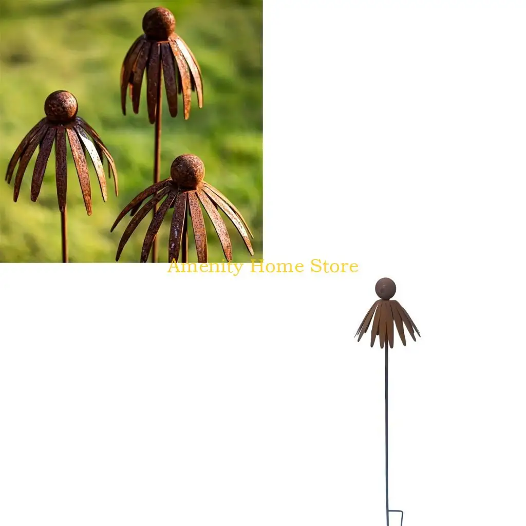 F26C Artistic Echinacea Metal Garden Decoration Rusty Iron Flower Stake Weatherproofed Outdoor Decoration