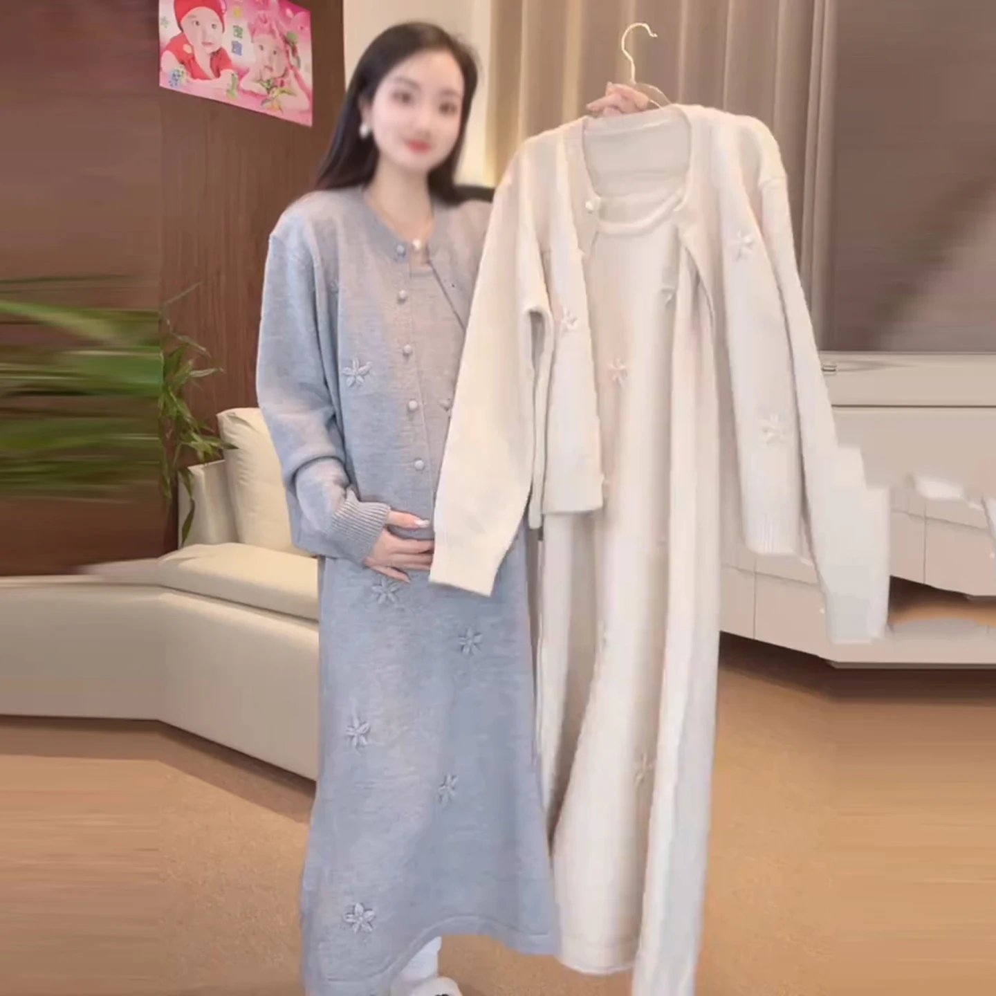 maternity-autumn-winter-strap-dress-set-fashionable-gentle-style-open-cardigan-dress-two-piece-set-korean-version-regular-thi