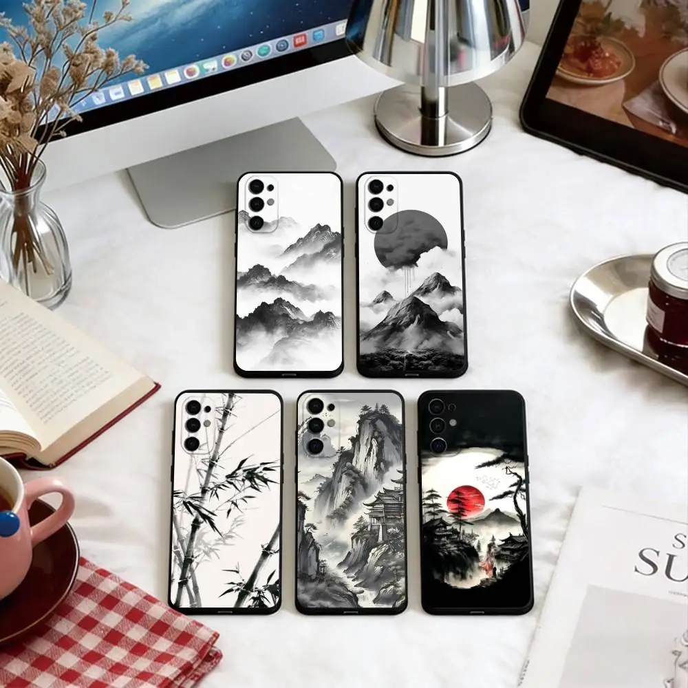 Classical Chinese Landscape Phone Case Black Silicone Soft For Samsung S25,S24,S21,S22,S23,S30,Ultra,S20,Plus,Fe,Lite