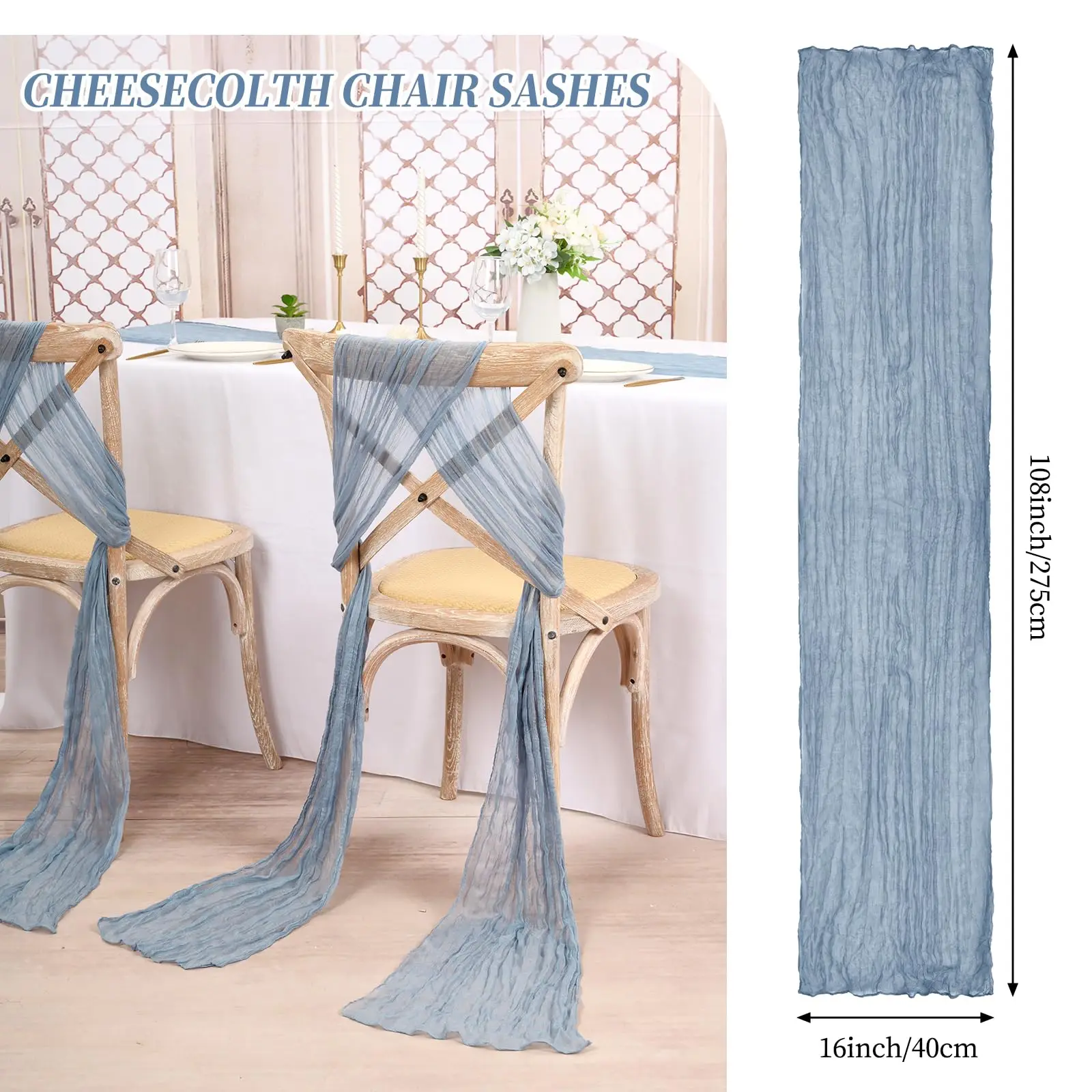 Imagem -02 - Dusty Blue Wedding Chair Sashes Decoração Gaze Cheesecloth Cadeira Bow Cover Festa de Recepção 30x275cm 30 Pcs