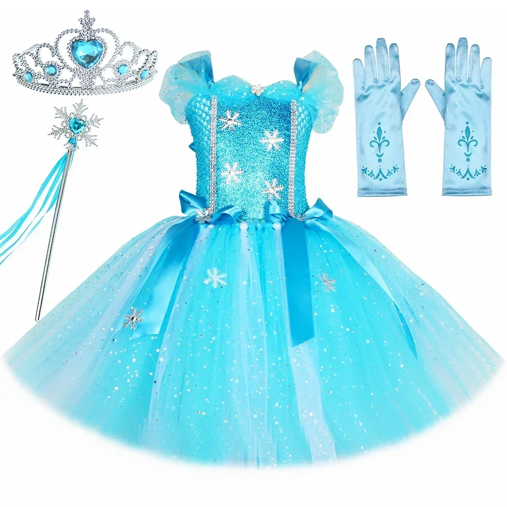 Blue Princess Costume for Girls Snowflake Glitter Tulle Tutu Dress Ball Gown Kids Halloween Christmas Birthday Party Dress Up