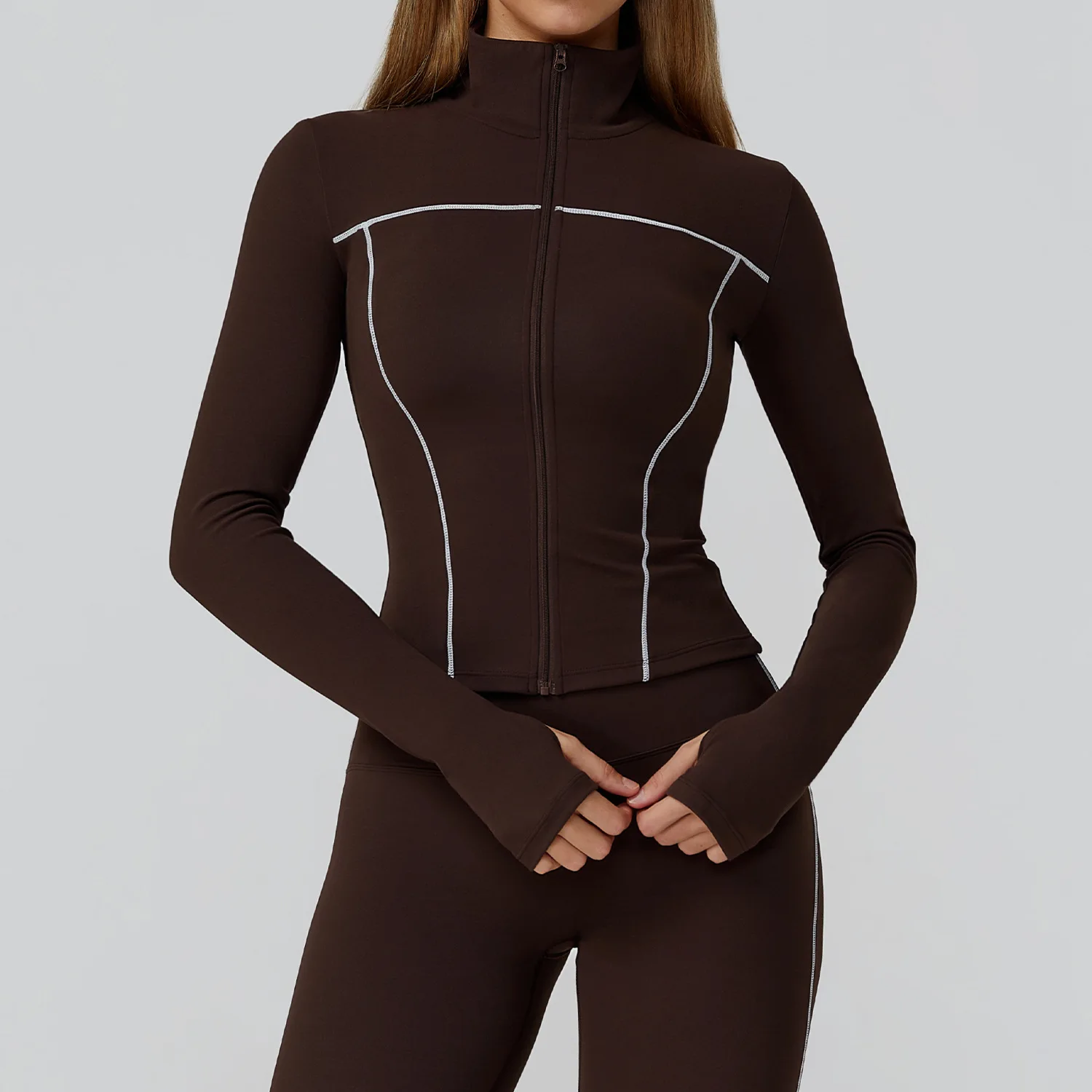 سترة رياضية نسائية بسحاب معطف يوجا ملابس سريعة الجفاف سترة لياقة بدنية للجري بأكمام طويلة وفتحة إبهام ملابس رياضية للتمرين في صالة الألعاب الرياضية