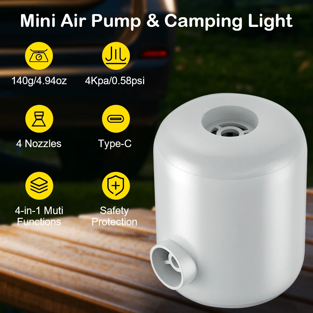 

Mini Air Compressor 4 Outlet Nozzles Portable Air Pump For Outdoor Camping ​4Kpa With LED Lantern Quick Inflate Deflate Cordless