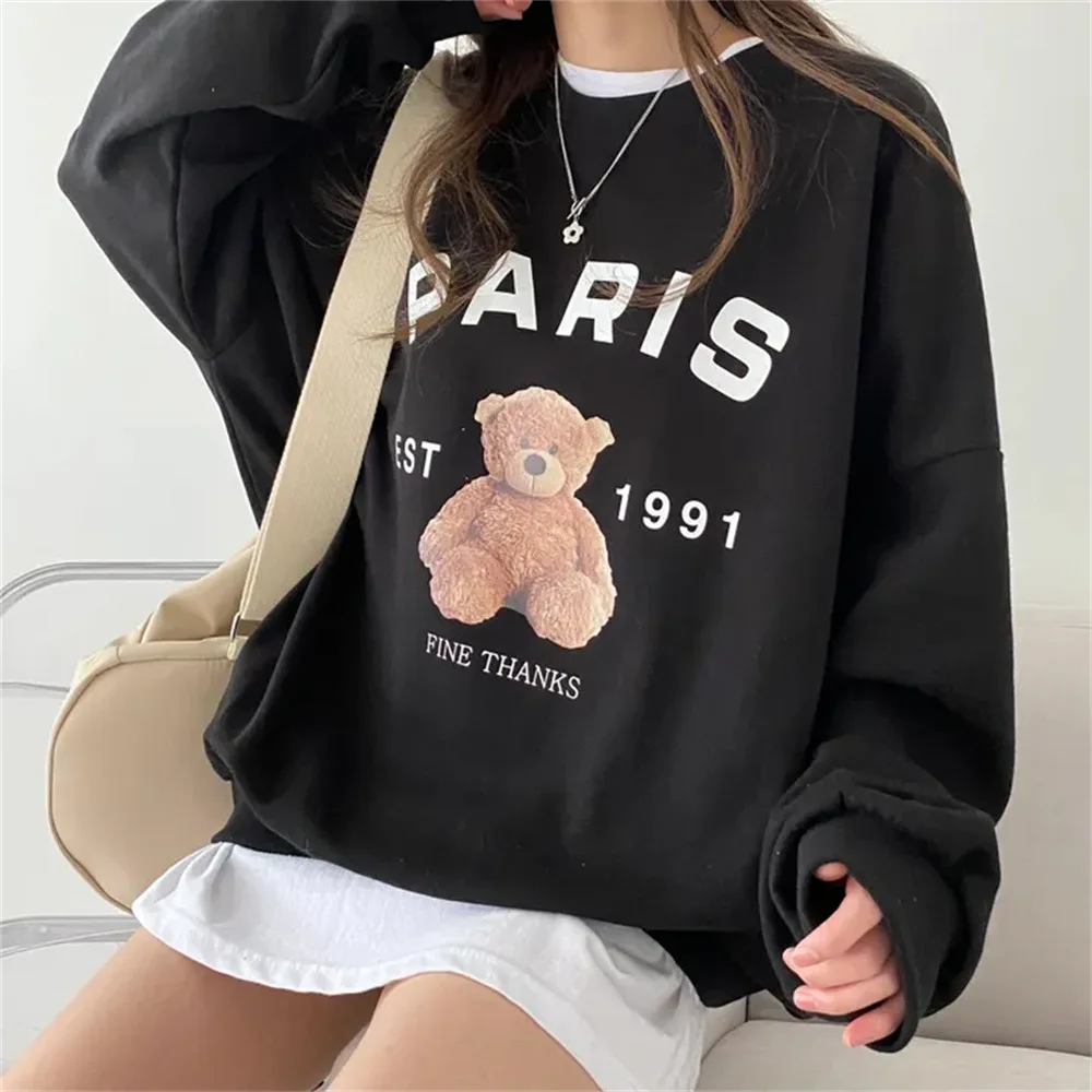 Women Sports Fashion Casual Hooded Bear Printing Hoodies Warm O-neck Sweatshirt Fleece Hoody Novelty Tide Clothes Spring