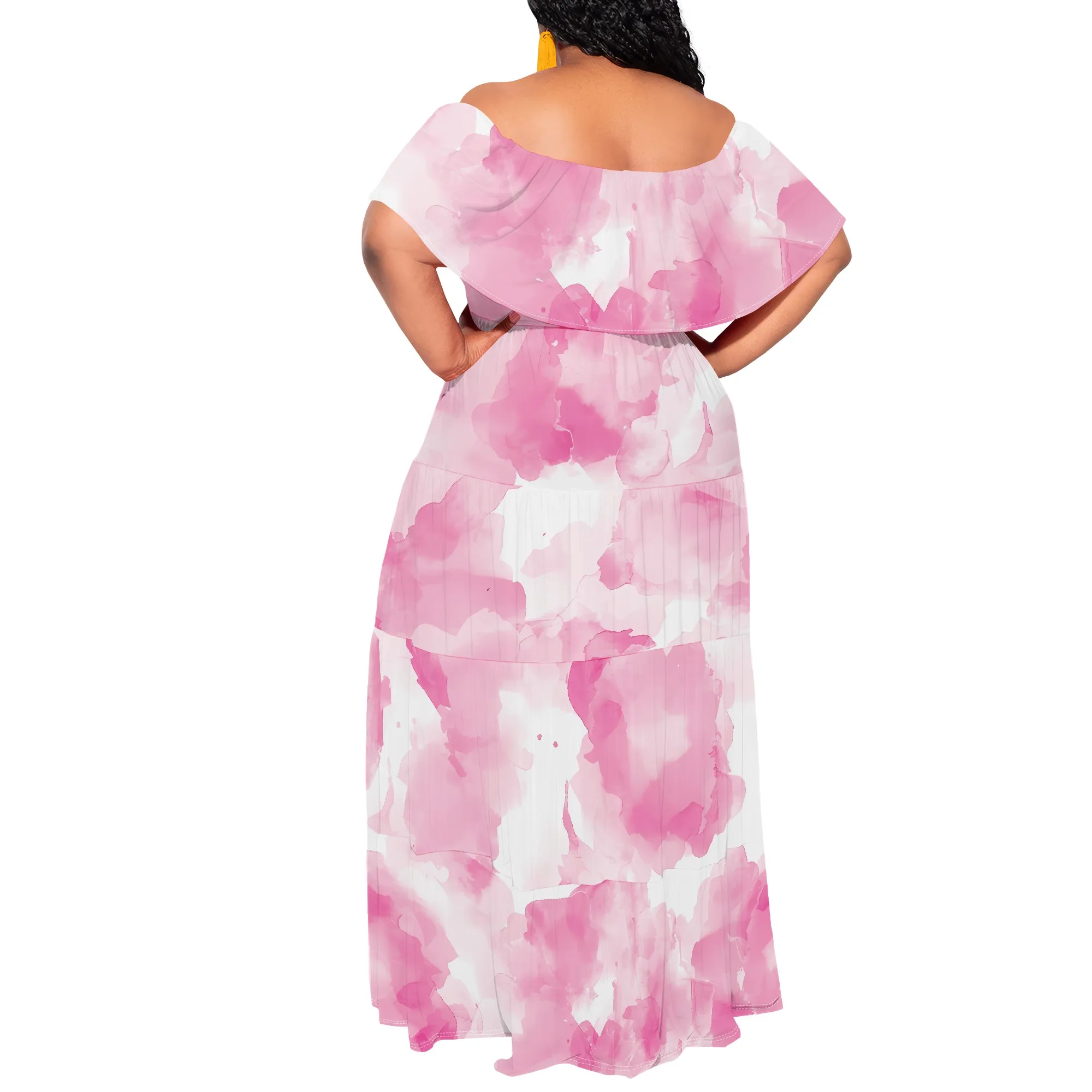 EQQZD Boho Chic Off-Shoulder Maxi Dress with Shawl, Elegant Tie-Dye Print Flowy Floor-Length Dress​