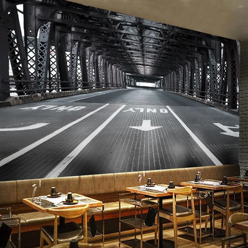 Custom Size Photo Wallpaper 3D Bridge Street View Black White Large Mural Retro Bar Restaurant Decor Wall Painting Paper Poster