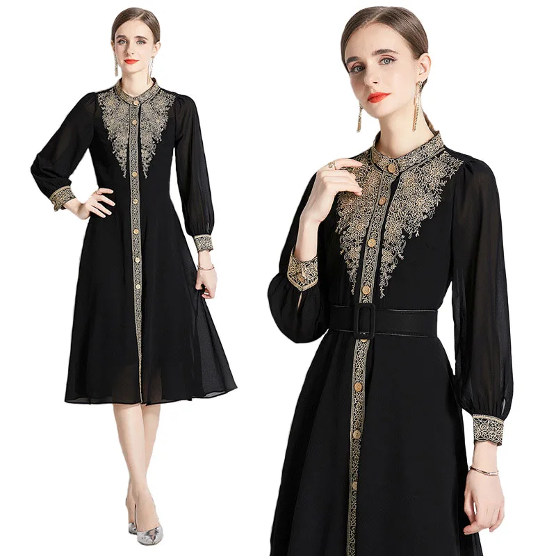 Luxury Black Long Lantern Sleeve Stand Collar Chiffon Smock Dress Women Flower Embroidery Vintage High Waist Belted Midi Vestido