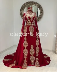 Red Velvet Caftan Moroccan Prom Dresses with Long Sleeve Sparkly Applique Crystal Arabic Evening Gown robe soirée femme luxe