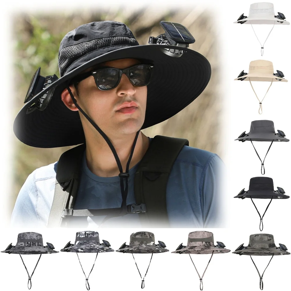 

Solar Hat with 2 Fan Outdoor Fishing Hat Wide Brim Bucket Fisherman Sun Hat for Unisex Outdoor Climbing Camping Fishing Hiking