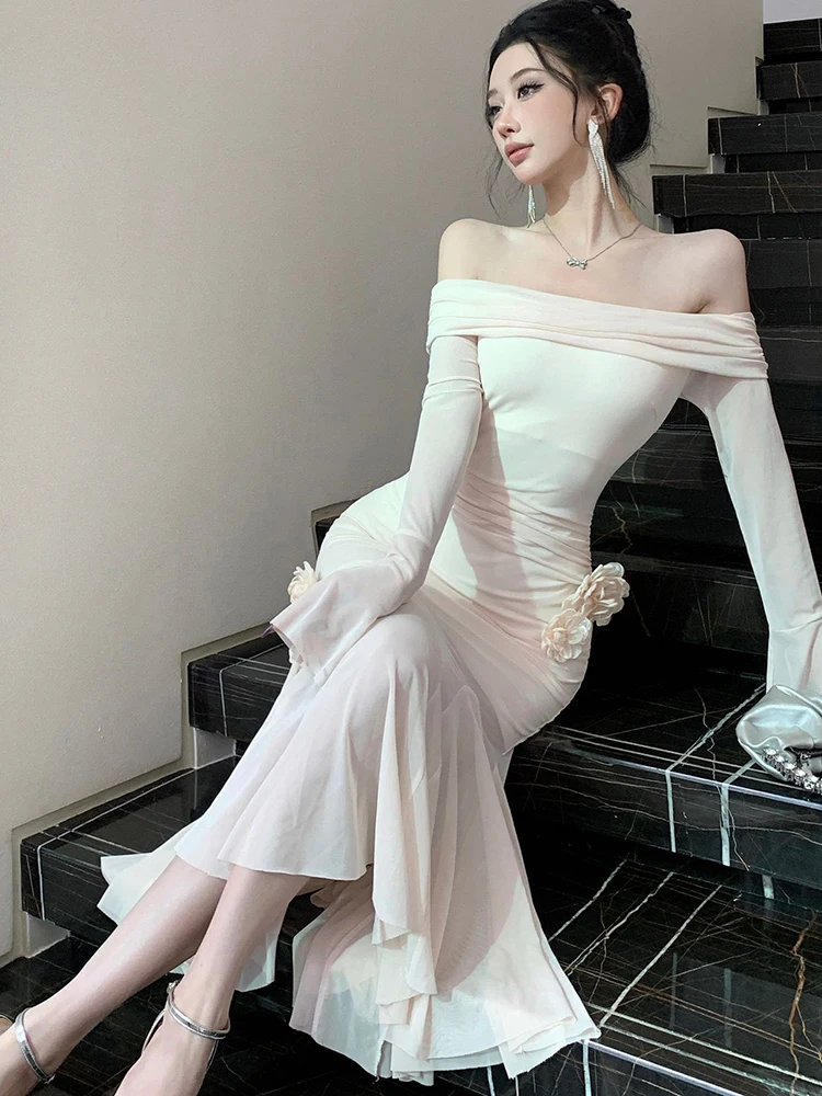 Robe longue à volants en maille Patchwork pour femmes, couleur unie, élégante, manches évasées, col Slash, automne hiver, robe de bal moulante coréenne, 2025