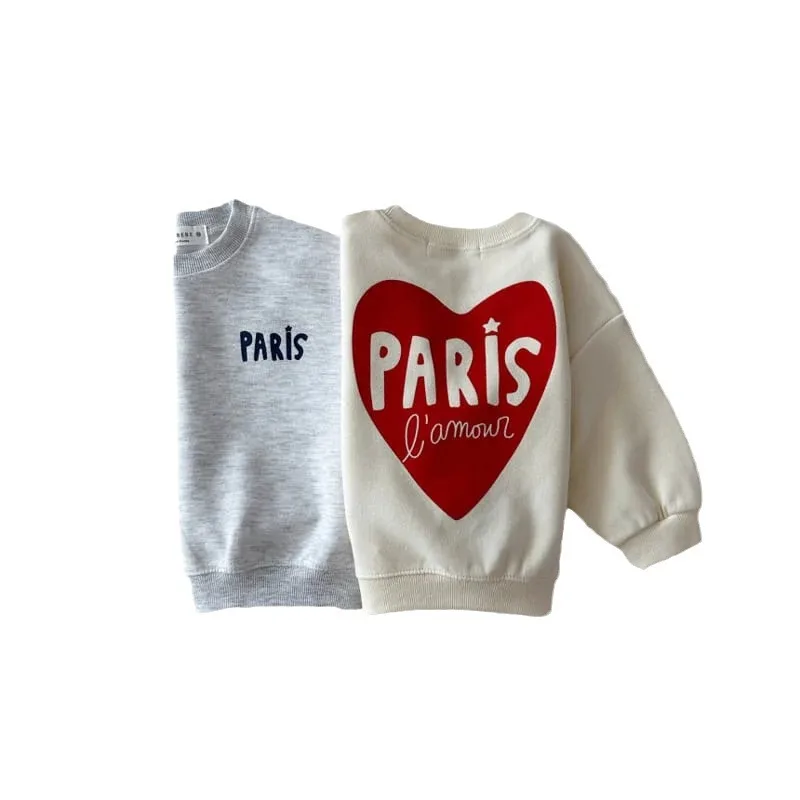 2024 Autumn New Children Heart Print Sweatshirt Cotton Girls Long Sleeve Casual Pullover Baby Boy Loose Letter Tops Kids Clothes