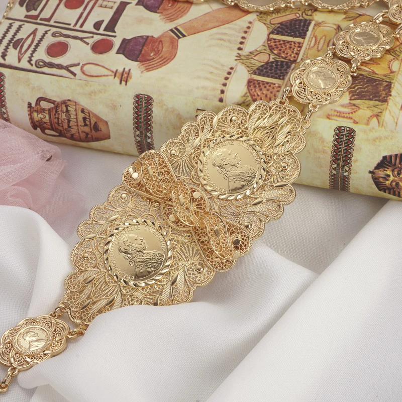 French Coin Gold Color Waist Belts for Women Arabic Luxury Body Jewelry Napoleon Figure Abaya Metal Chains Bridal Belly Chains